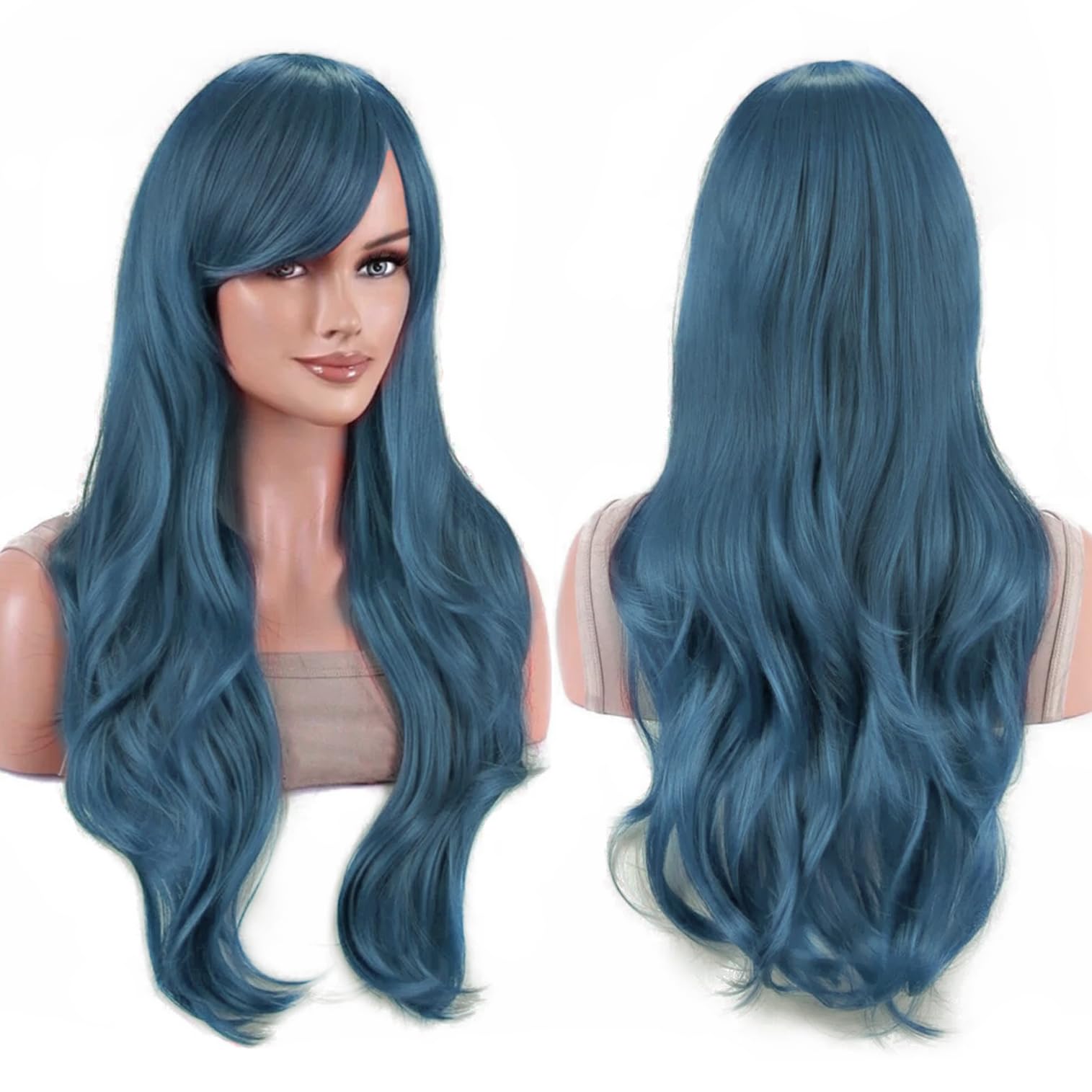 IMISSU 28 Inch/70cm Long Hair Water Wavy Wigs with Bangs Cosplay Costume Wig (Midnight Blue), 70 cm