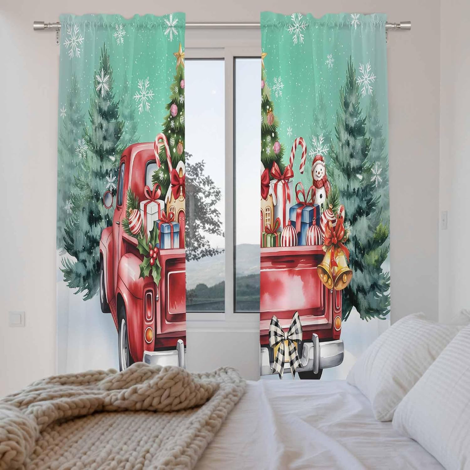 Christmas Teal Green Window Curtains 72 Inch Long 2 Panel Set,Rod Pocket Long Curtains & Drapes,Winter Xmas Tree Red Truck Snowflakes Window Treatment for Bedroom Living Room 52"W x 72"L