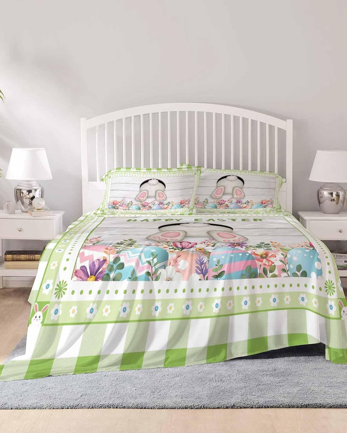 Queen Sheet Set, Sage Green Bunny Easter Breathable Sheets Queen Size Bed Set, Eggs Spring Floral Rabbits Wooden 4 Pieces Bedding Set with Queen Fitted Sheet, Flat Sheet, 2 Pillow Cases