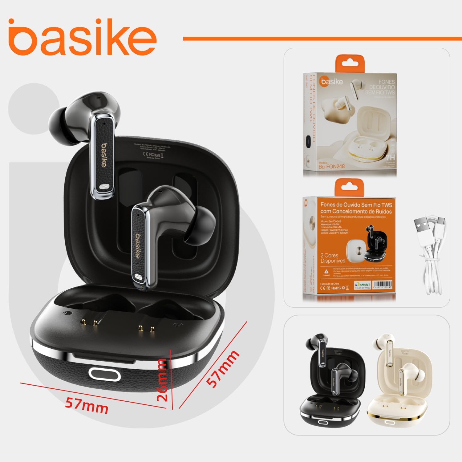Basike F1 Ba-FON248 Wireless Earbuds packaging and dimensions, showing the earbuds, charging case, and included cable.