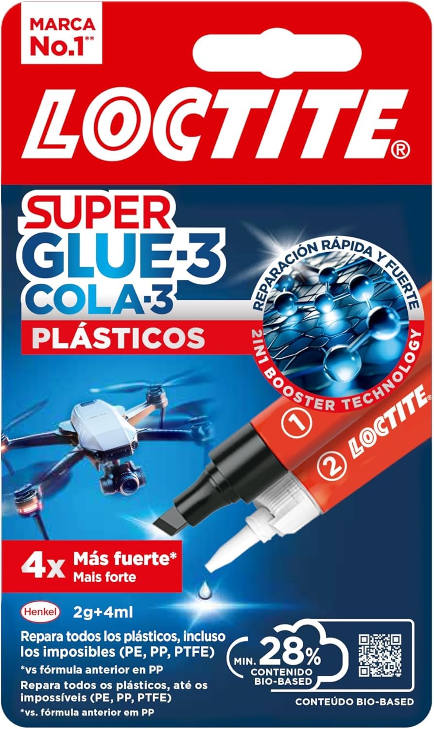 Loctite Super Glue-3 Plásticos Difíciles Transparente 2g + 4ml - Pegamento Líquido Apto para PP, PE, PTFE, PVC - Reparación Rápida 4x Más Fuerte - Aplicación Cómoda y Precisa - Con Rotulador Activador | Apto para Plásticos Difíciles: PP, PE, PTFE y PVC, 4x más Fuerte: 260 kg/cm², Con Rotulador Activador, Tapón Antiobstrucción