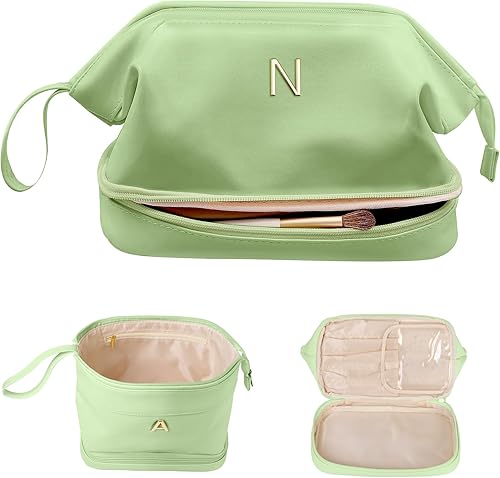 Miniatura 180 de Regalo de cumpleaños para hija - Bolso grande de maquillaje inicial, bolso cosmético personalizado de doble capa con organizador de brochas