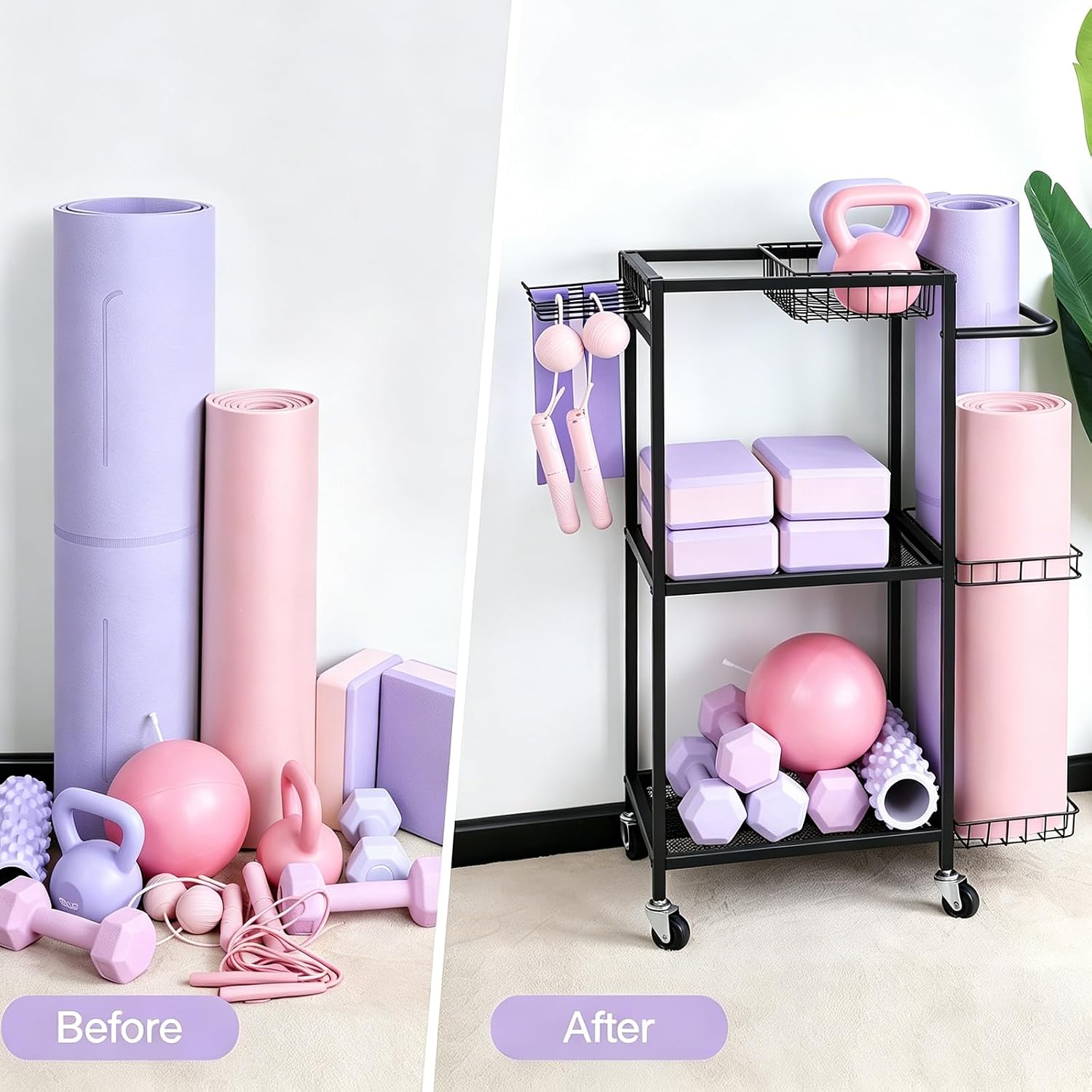 Workout Equipment Storage Rack Metal Yoga Mat Storage Rack, Weight Cart Home Gym Storage Rack with Wheels for Dumbbells, Yoga Mats, Kettlebells, Foam Rollers