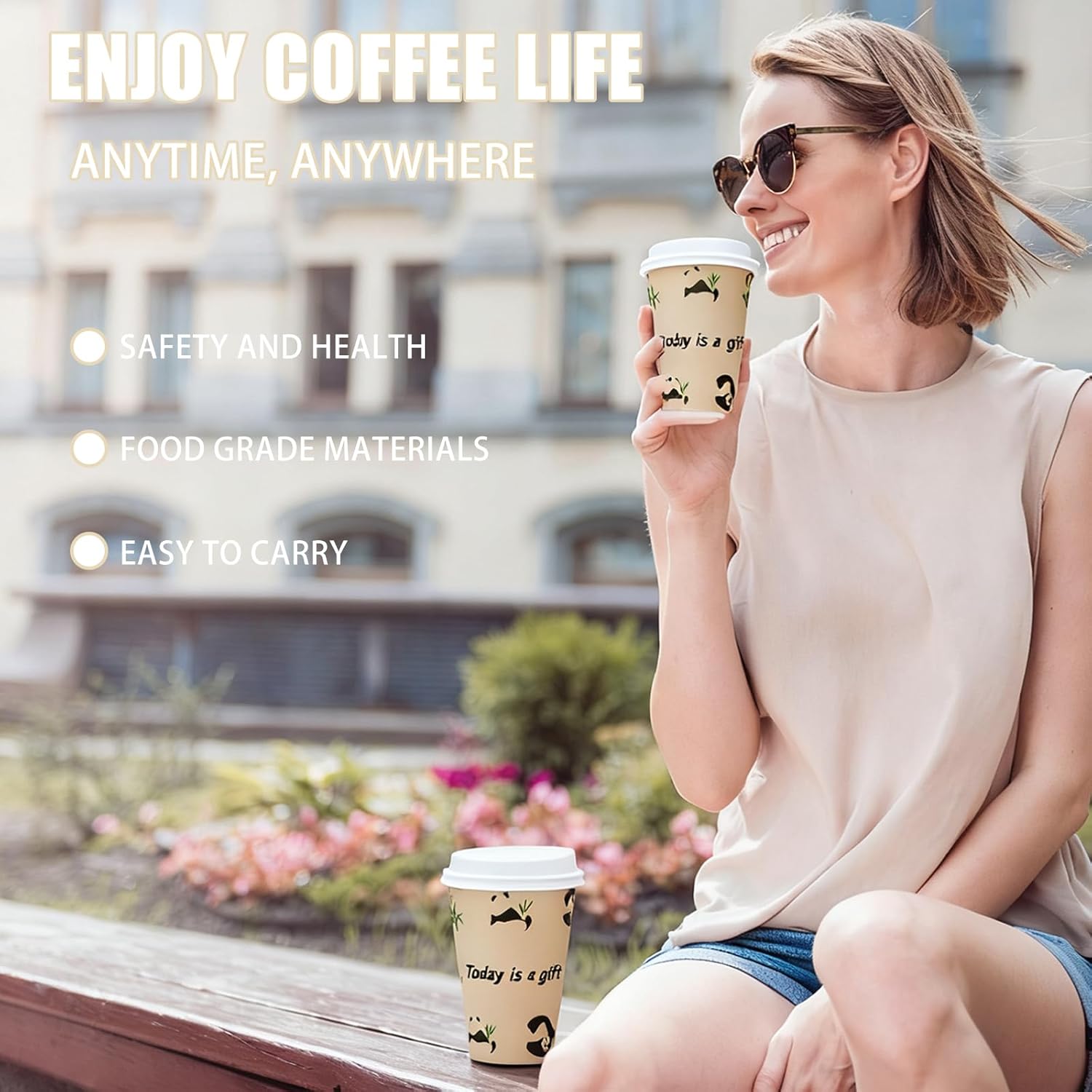 12 OZ 25 Pack Disposable Cups Paper Coffee Cups with Lids, Disposable Paper Cups for Cold/Hot Drinks, Leak-Proof To Go Drinking Cups for Office Party Home Picnic & Travel (Panda) - Image 2