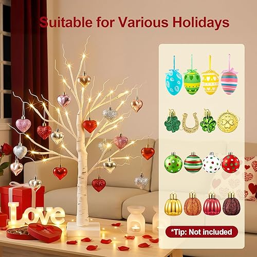 Miniatura 5 de Decoraciones para el día de San Valentín, árbol de abedul de 2 pies con 24 luces LED cálidas, juego de adornos de 18 corazones, decoración de árbol