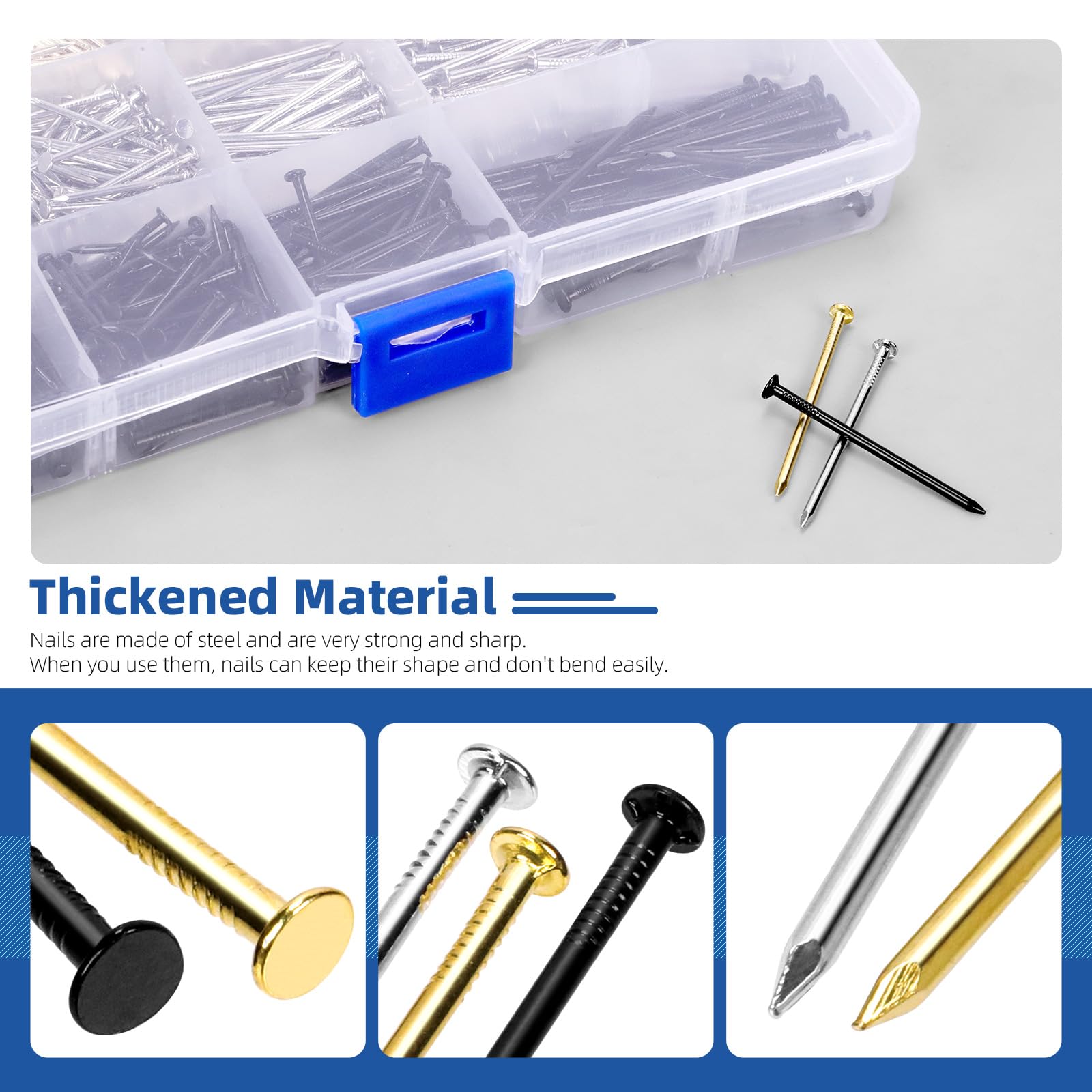 Glarks 900pcs 20/25/30/38mm Length Nail Assortment Kit, Black Silver Gold Colors Hanging Nails, Finishing Nails, Wall Nails - Image 4