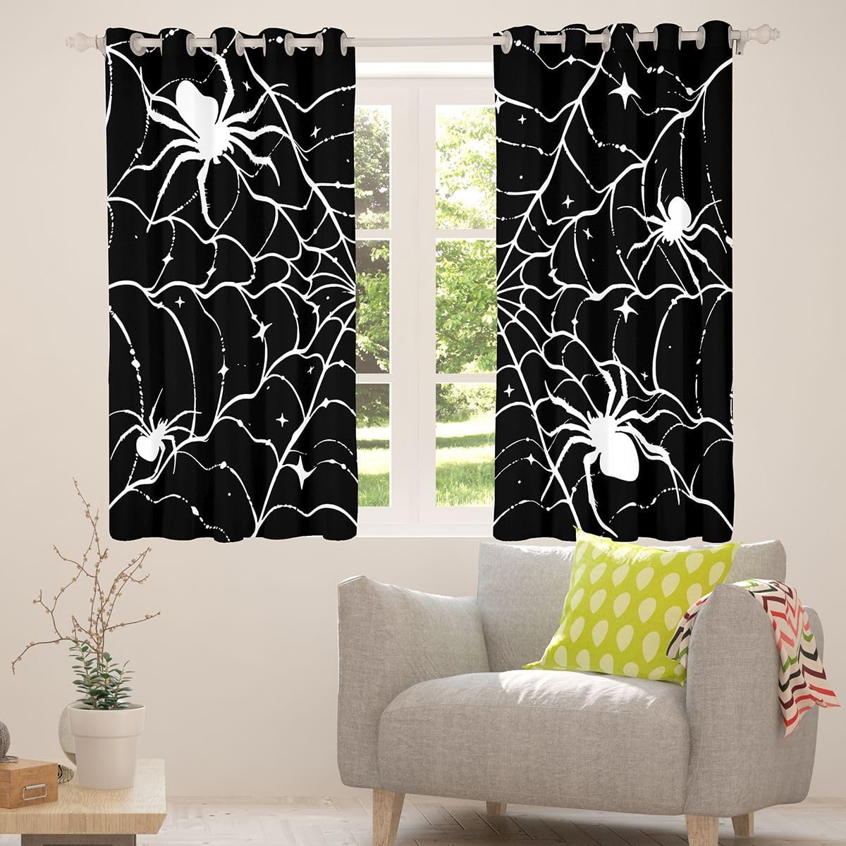 Feelyou Funny Halloween Window Treatments, 2 Panels 38 x 45 Inch Halloween Spiderweb Blackout Drapes Black White Room Decor Horror Animal Curtains for Bedroom Living Room image 4