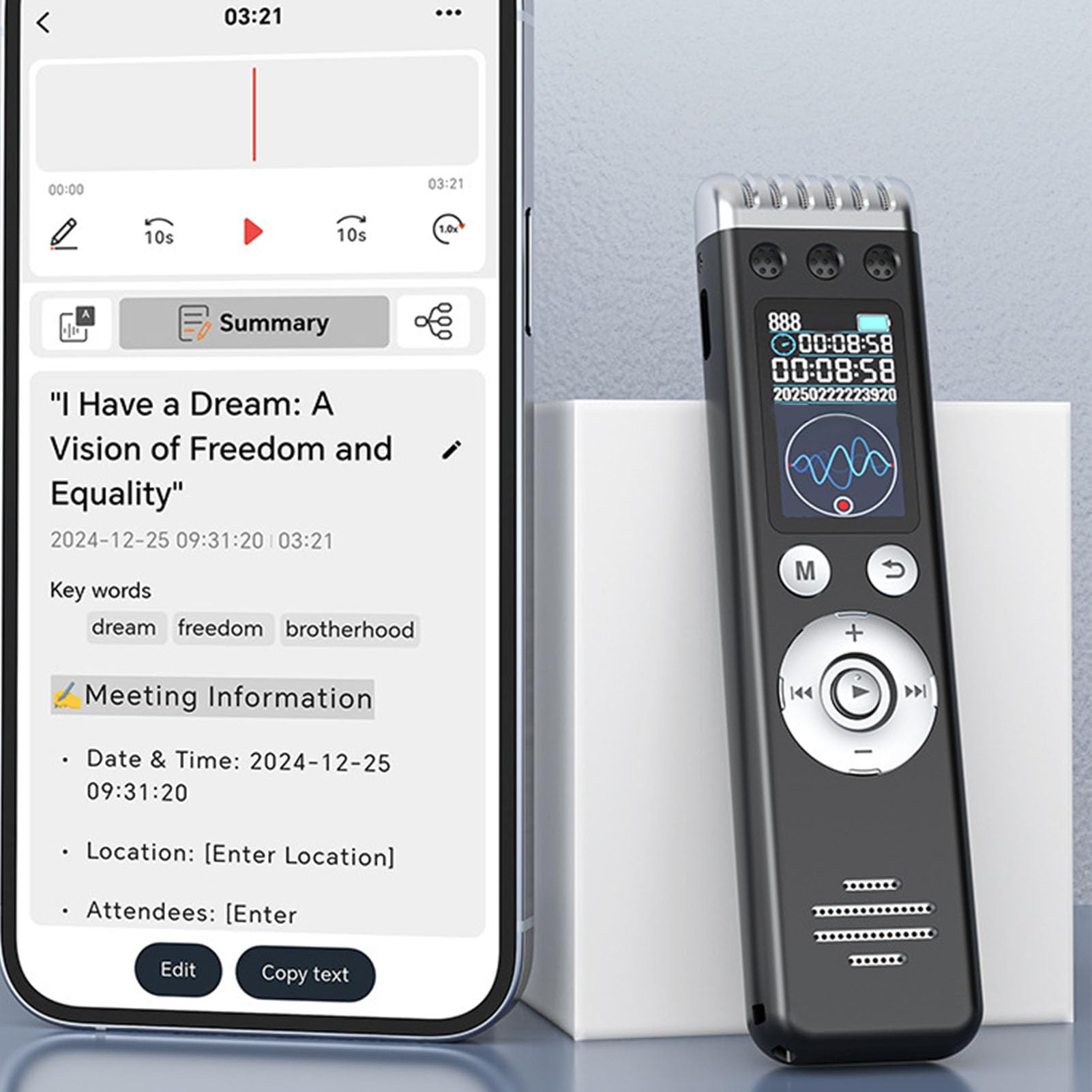 Enregistreur Vocal AI avec Traduction en Temps Réel, 189 Langues Parole-Texte, Enregistreur Sonore Numérique de Contrôle par Application pour Les Réunions, Les Entretiens et Les (64GB)