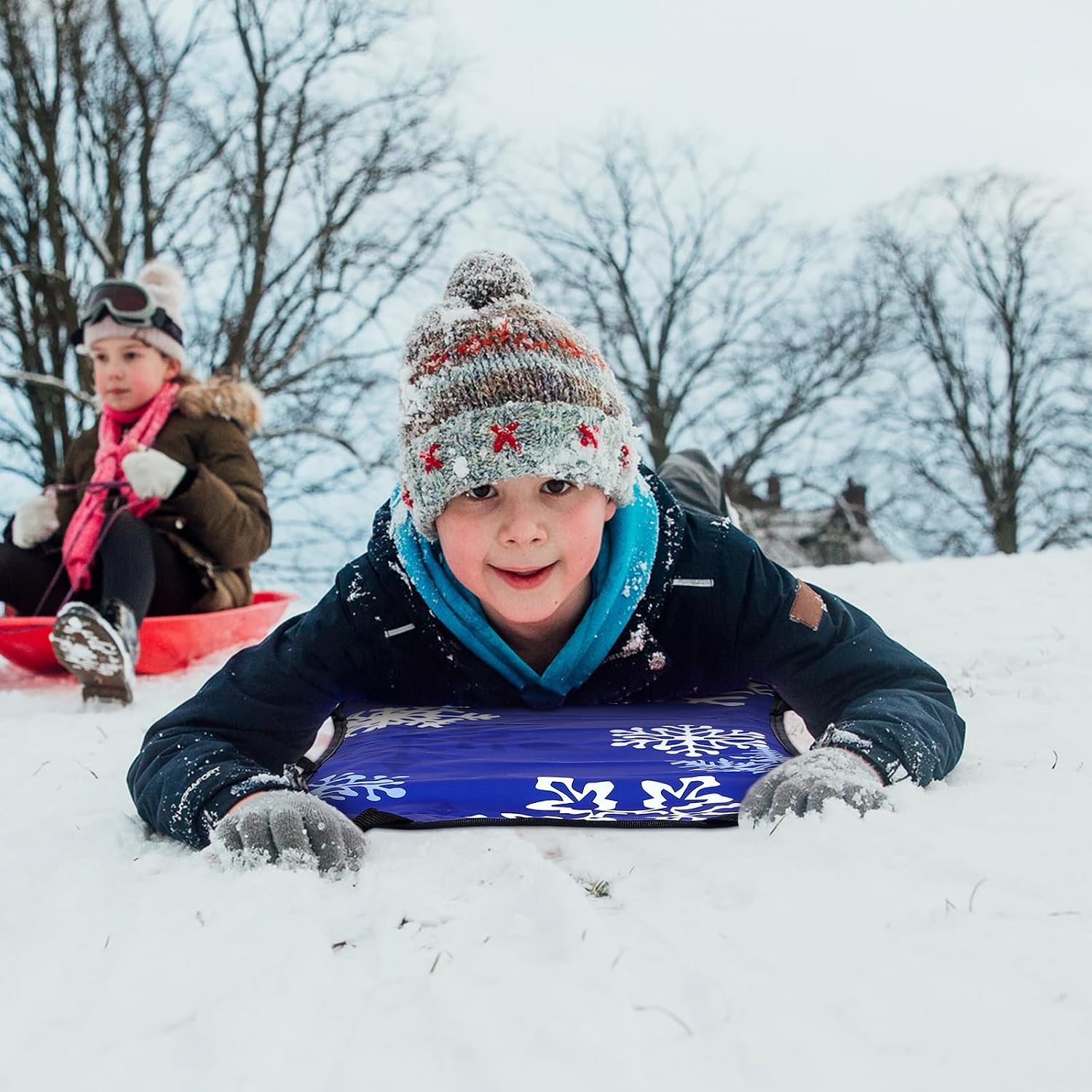 45"×18" Foldable Winter Snow Sled Portable Strong and Durable, Sturdy Fabric Stitchin Handles with Steering for Adult Teen Winter Outdoor Sports Fun