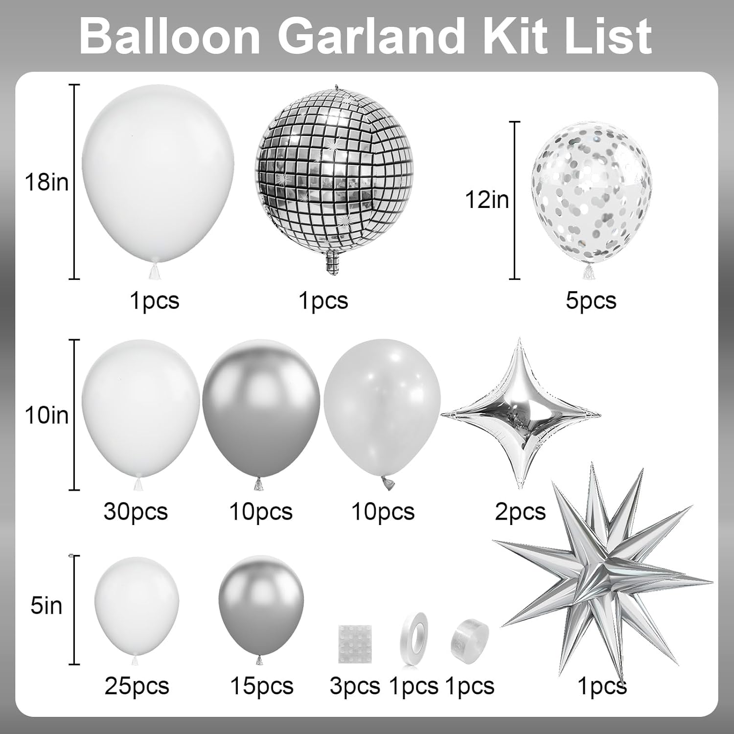 White and Silver Balloon Arch Garland Kit,White Silver Star Confetti Metallic Balloon Decoration with 18 Inch 4D Disco Silver Foil Balloon for Birthday Baby Shower Wedding Anniversary Party Decor - Image 2