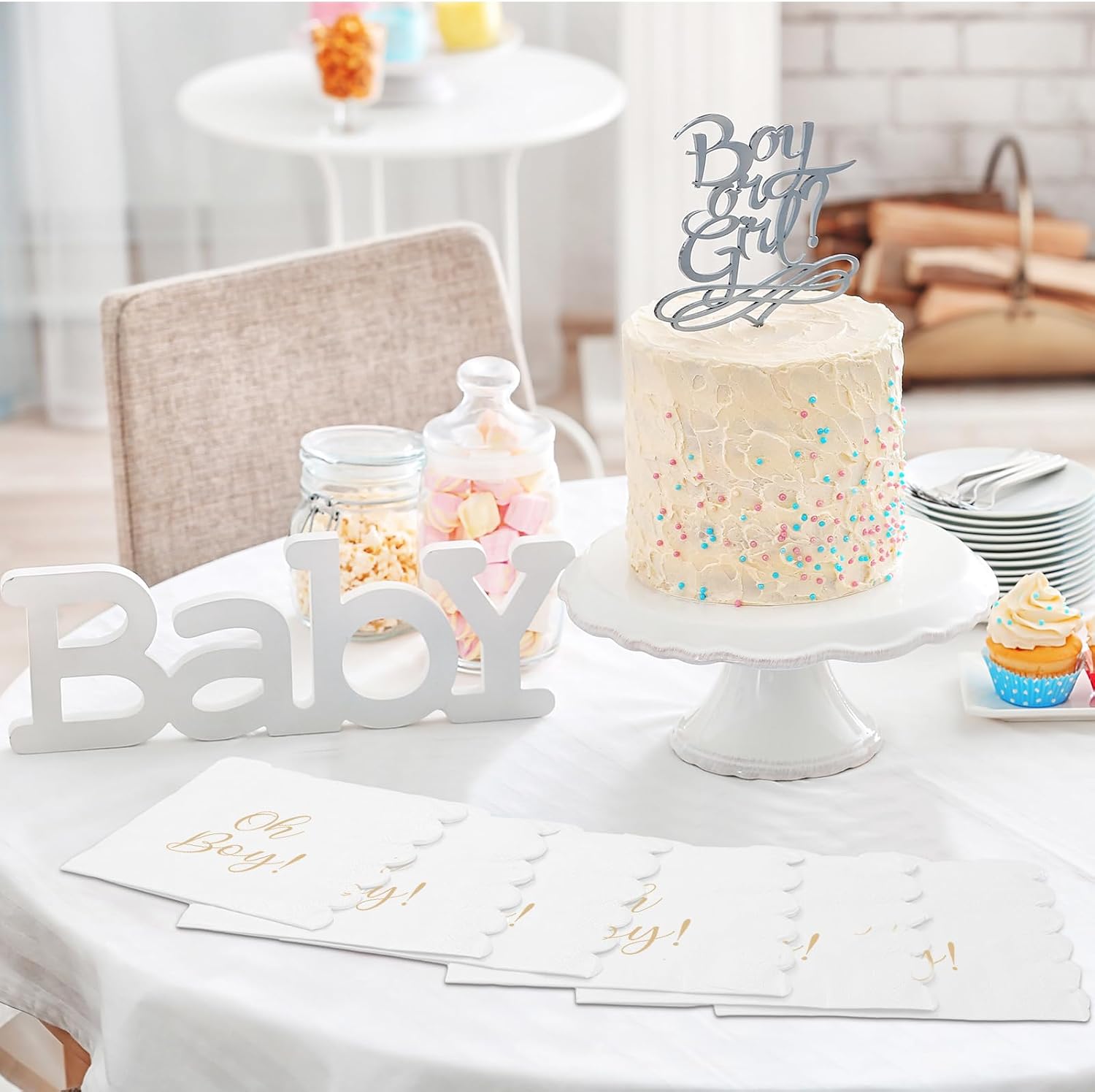 100 Pcs Baby Boy Cocktail Napkins Bulk for Baby Shower Scalloped Boy Napkins for Infant Welcome Party Decorations 10 x 10 Inches 2 Ply(White)