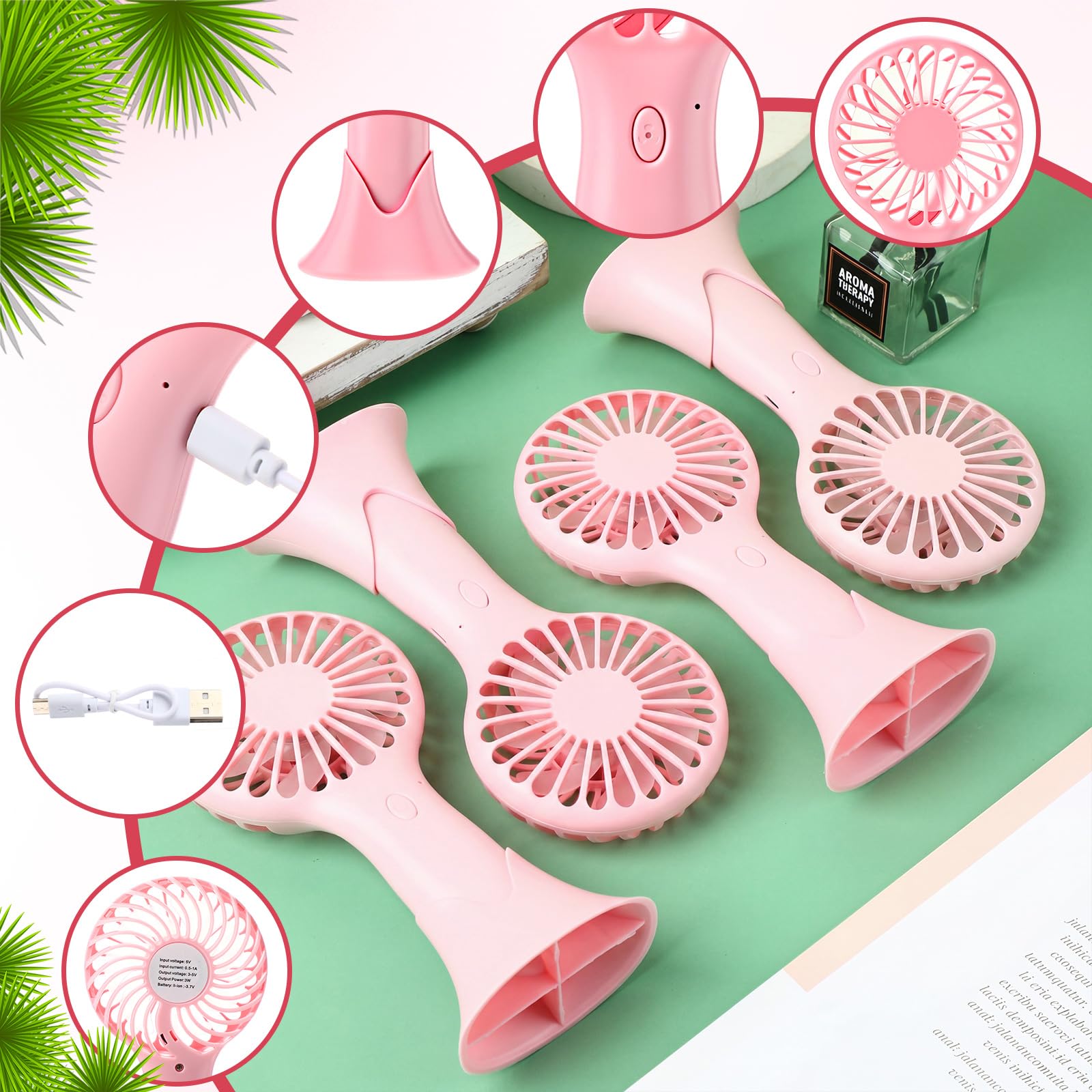 Retisee Mini-Handventilator, tragbar, 3 Geschwindigkeiten, wiederaufladbar, USB-batteriebetrieben, Ventilator mit Sockel, für Damen, Make-up, Hochzeit, Büro, Reisen, Camping, Party, Geschenk, Rosa, 12