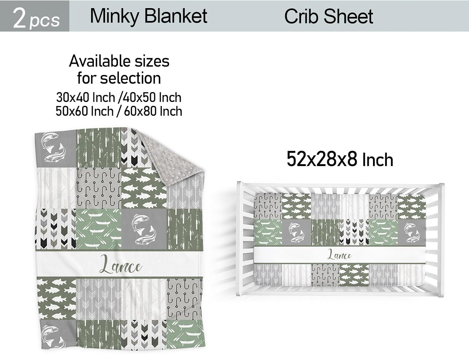 Personalized Baby Boy Fishing Theme Crib Bedding Set – Custom Name 2 Piece Set with Minky Dot Blanket & Fitted Sheet – Soft Nursery Bedding for Newborn, Infant, Toddler