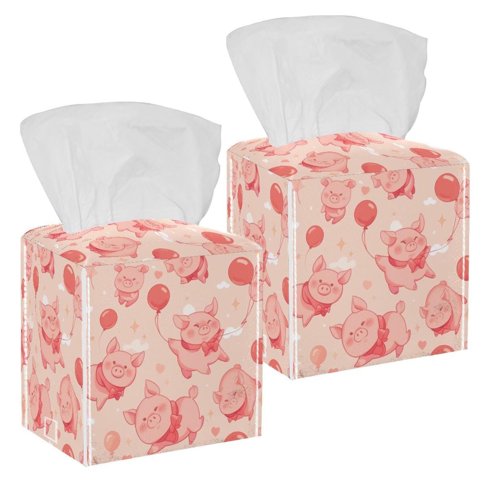 Pigs Balloon Pattern Tissue Box Cover, 2 Pack PU Leather Square Facial Tissue Dispenser Box holder for Home Office Car