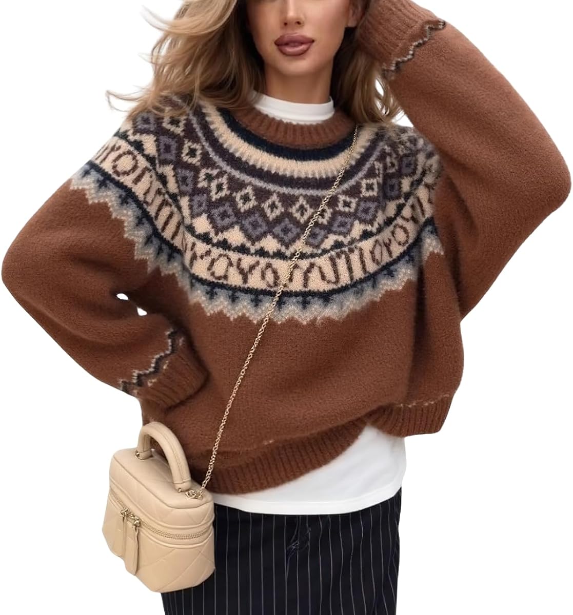 chouyatou Women's Warm Tribal Aztec Floral Sweater Top Crewneck Loose Fit Fair Isle Boho Knit Sweaters