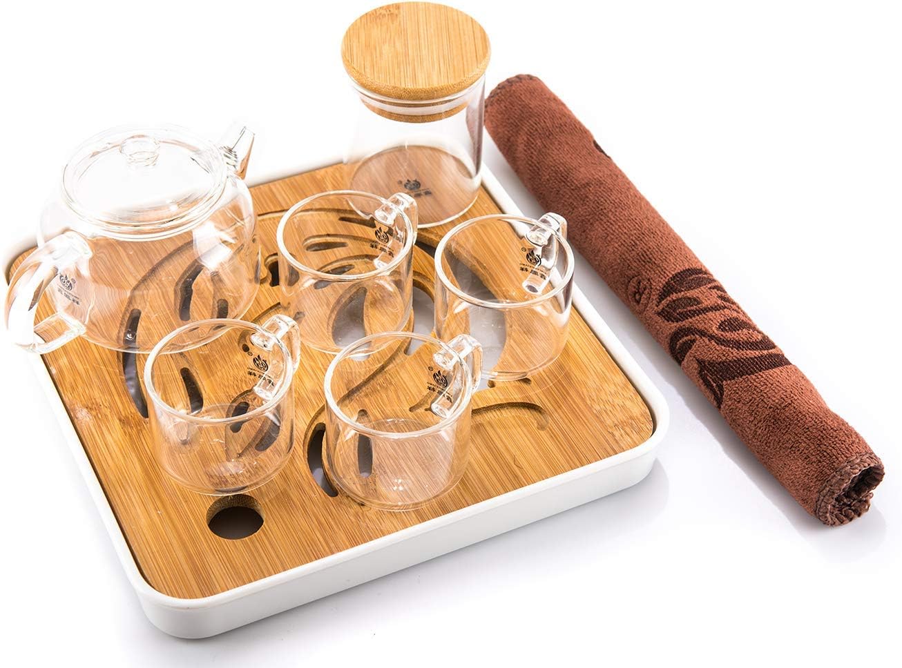8 Piece Glass Travel Tea Set - Teapot with Filter (200 ml / 6.7 oz), 4 Tea Cups, Tea Towel, Glass Tea Holder, Tea Tray, Storage Case