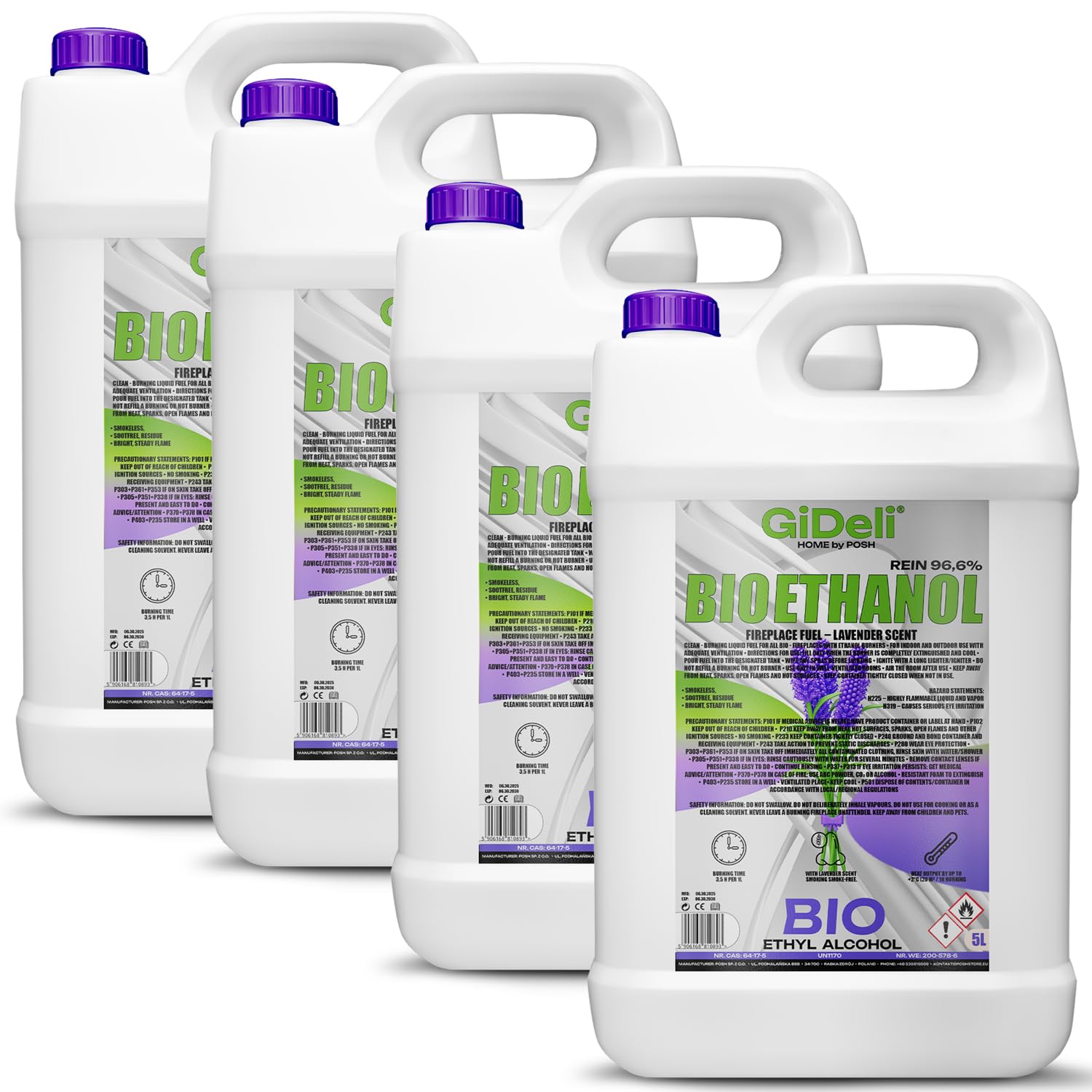 GiDeli bioetanolo 4 x 5 l profumo di lavanda 96,6% etanolo per caminetti interni ed esterni senza fumo e fuliggine - Da mais e barbabietole da zucchero