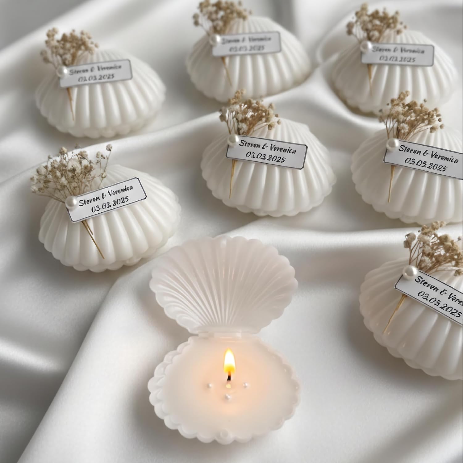 Personalized Wedding Favor Candles for Guests, Custom Seashell Soy Candle with Names & Date, Handmade Keepsake, Beach Ceremony Souvenir, Bridal Shower Gift (Bulk Options)