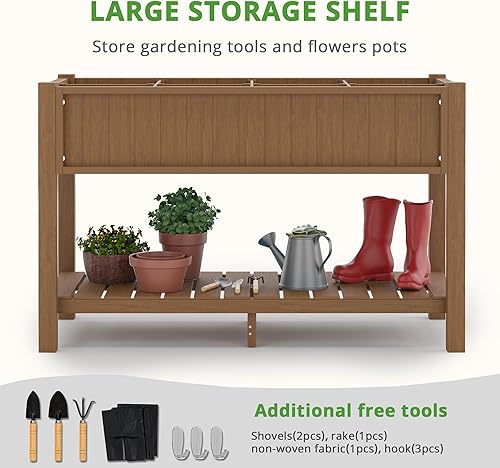 Miniatura 7 de LUE BONA Cama de jardín elevada grande con herramientas y estante, 47 x 21 x 30 pulgadas, 8 bolsillos HDPS elevados para bricolaje con patas, sin