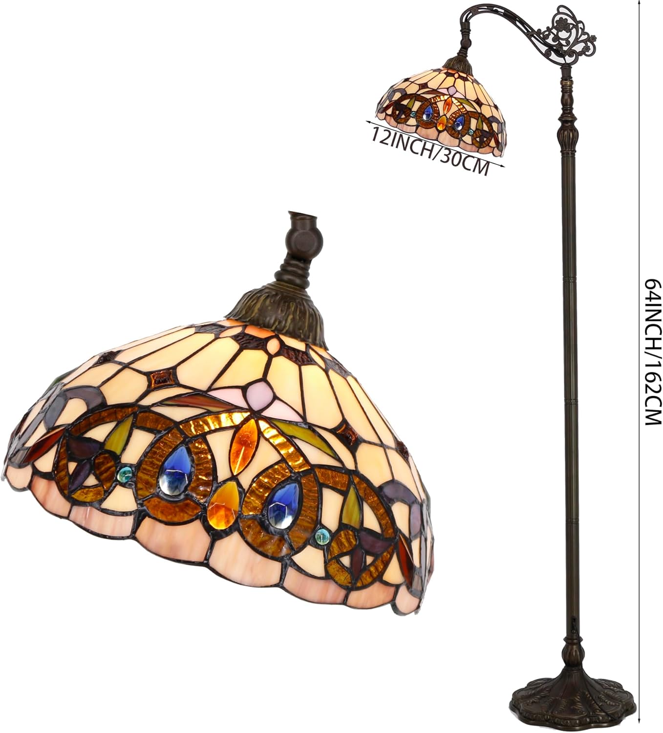 WERFACTORY Tiffany Floor Lamp Stained Glass Serenity Victorian Arched Lamp 12X18X64 Inches Gooseneck Adjustable Corner Standing Reading Light Decor Bedroom Living Room S021 Series