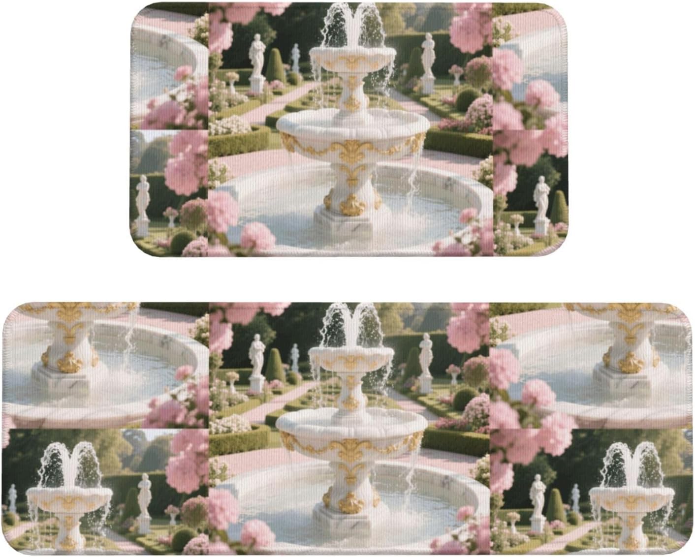Rococo Fountain Kitchen Rugs Set of 2, Cushioned Anti-Fatigue Kitchen Mats for Floor, Waterproof Comfort Standing Mat Absorbent Velvet Kitchen Runner Rugs 17"x30"+17"x47"