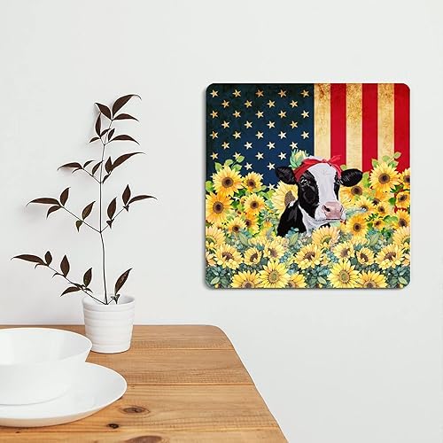 Miniatura 5 de USA Flags Metal Signs Sunflower Cow Farm Animals Street Sign Patriotic Nostalgia Oil Painting 12 Inch Retro Street Sign Independence Day 4th July