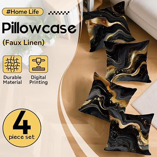 Vista 2 de OBSEDE - Fundas para cojín de mármol negro y dorado abstracto, 18 × 18 pulgadas, juego de 4, fundas para cojines de sofá, cama, salón, decoración