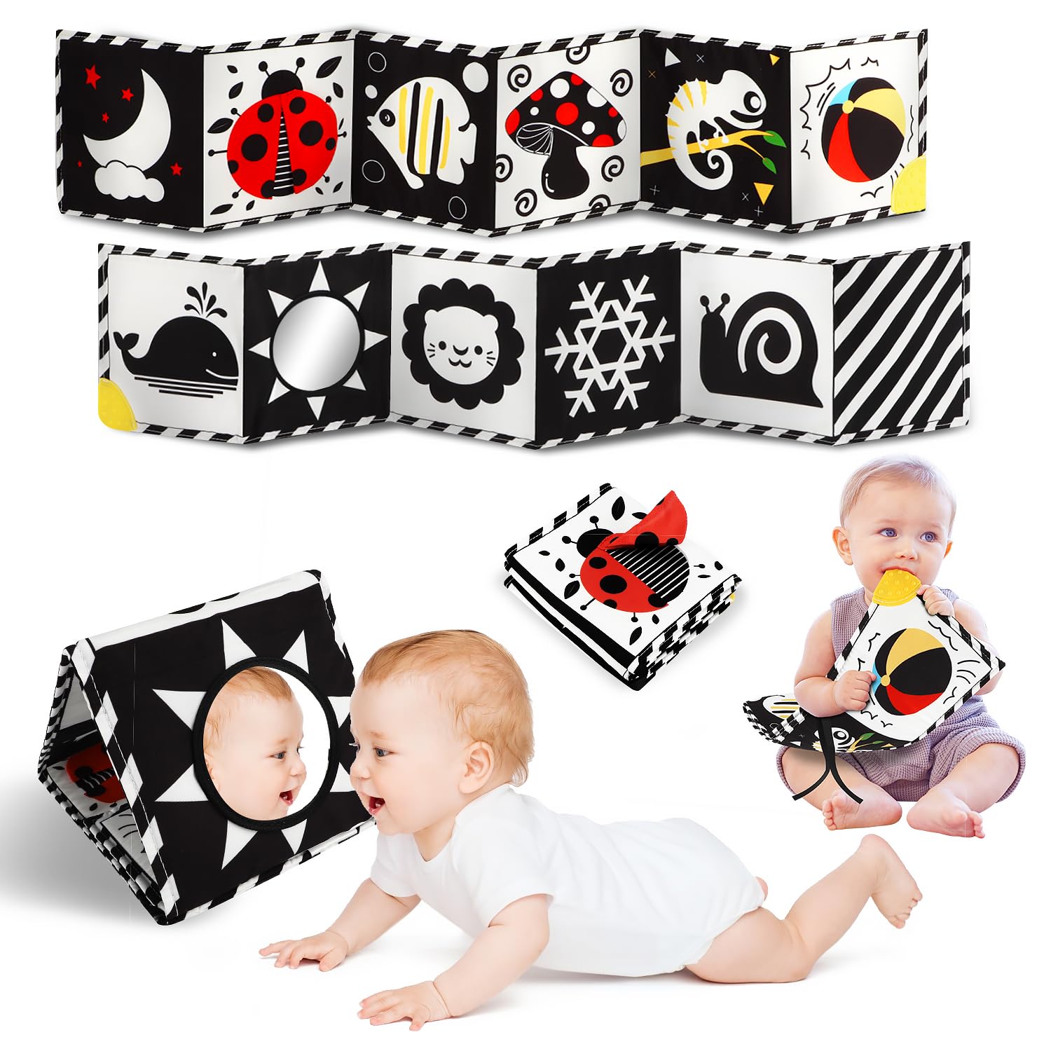 Tummy Time Toys High Contrast Baby Book with Mirror Teether Black and White Infant Books 0-6-12 Months Soft