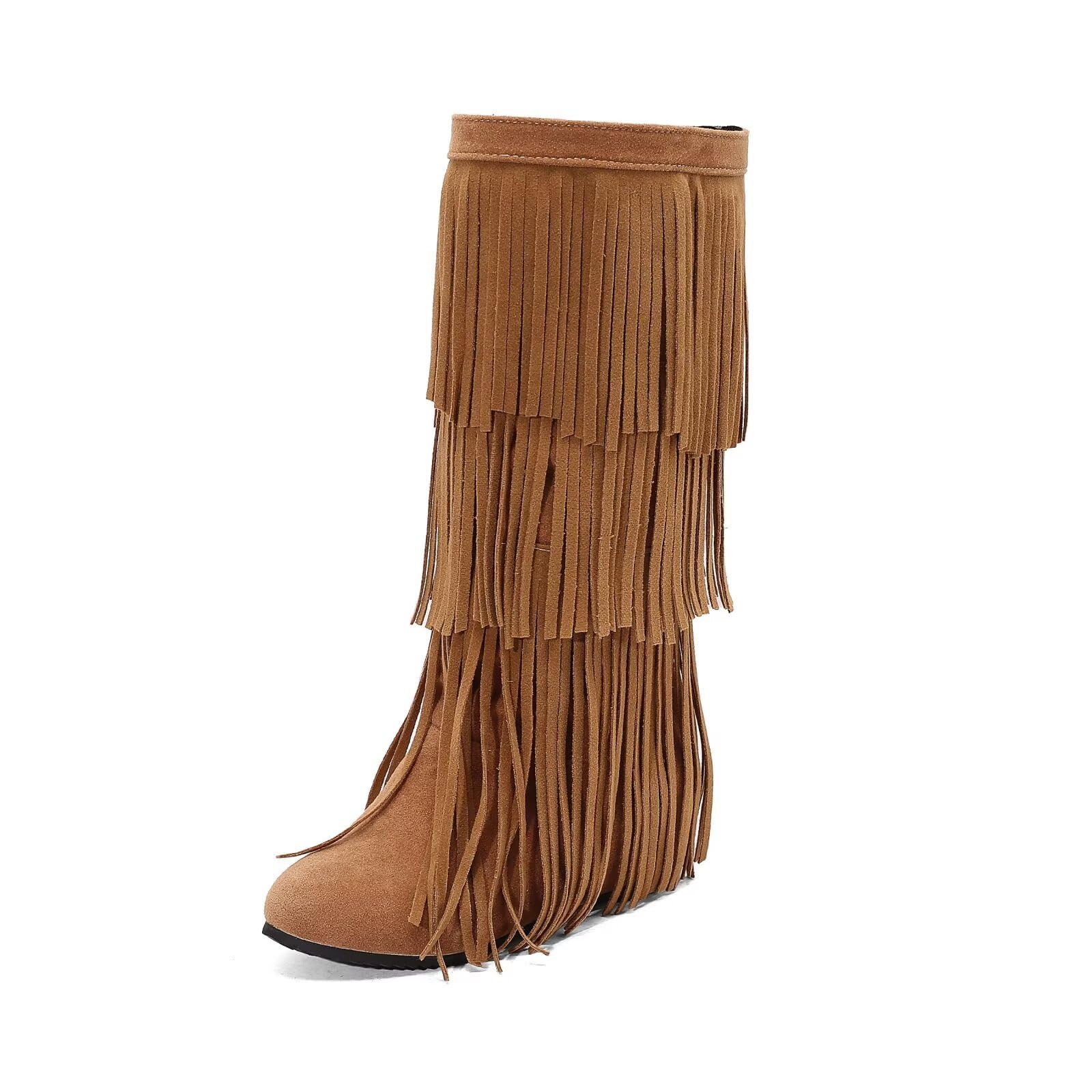 Womens Fringe Suede Boots Tassels Hidden Wedge Heel Wide Calf Round Toe Pull On Plus Size Fashion Boots