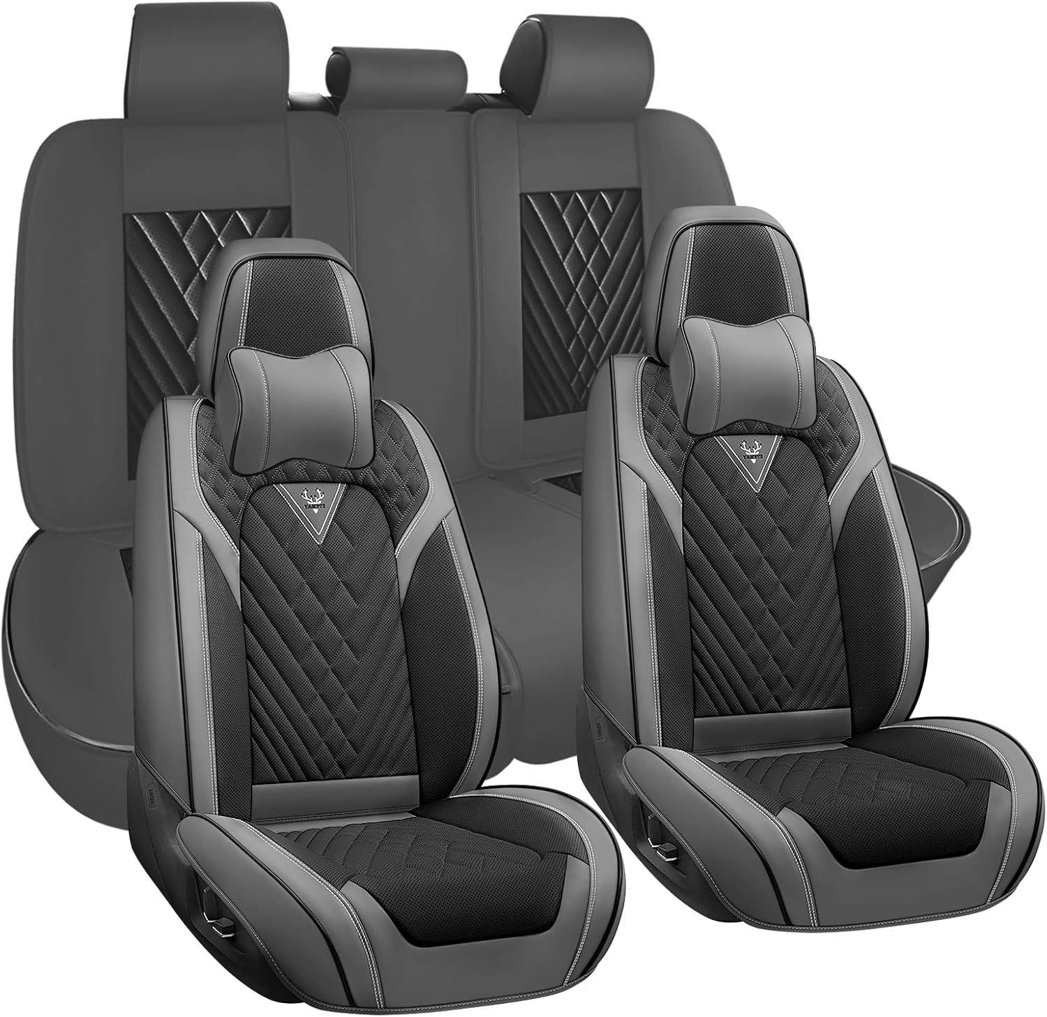 Car Seat Covers Full Coverage Seat Cover Waterproof Faux Leather Cushion Universal Accessories Fit SUV Sedan Automotive Vehicle Auto Interior Seat Protector Full Set(5 Seat-Headrest,Black&Gray)