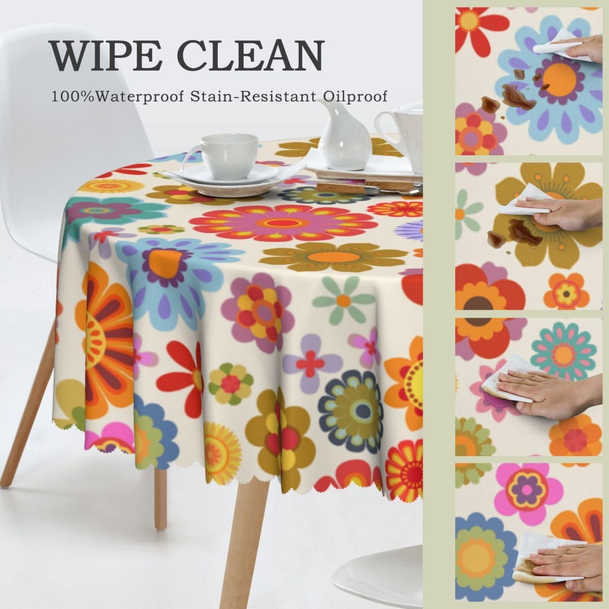 70s Floral Table Cloths, Hippie Funky Colorful Boho Floral Flower Groovy Trippy Aesthetic Rustic Coffee Table Cover Decor for Kitchen Dining Room Outdoor Home Party, 36" Round image 4