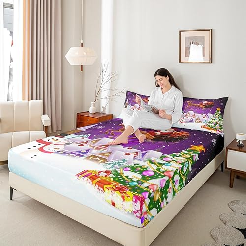 Miniatura 2 de Manfei Sábana bajera ajustable de Navidad, tamaño individual, juego de ropa de cama de árbol de Navidad de muñeco de nieve, 2 piezas para decoración