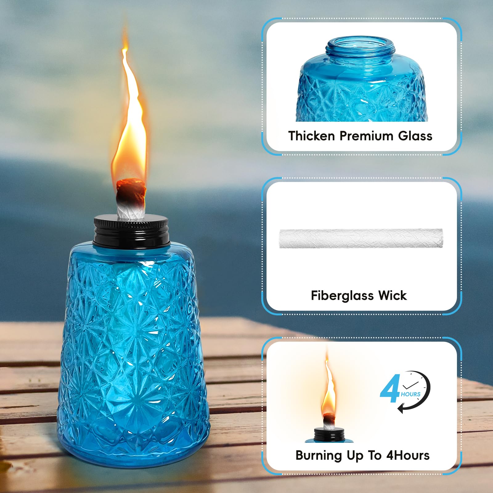 Confezione da 3 lampade a olio in vetro trasparente blu alla citronella, lampade a olio con 3 stoppini, per interni ed esterni, decorazioni per patio