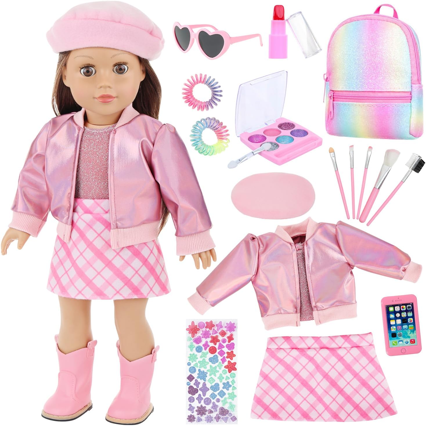 Ecore Fun 17 Pcs American 18 Inch Doll Accessories Cosmetic Set with Backpack & Outfits | Pretend Play Makeup Kit for 18" Dolls | Includes Lipstick, Eyeshadow, Brushes, Accessories & Stylish Clothes