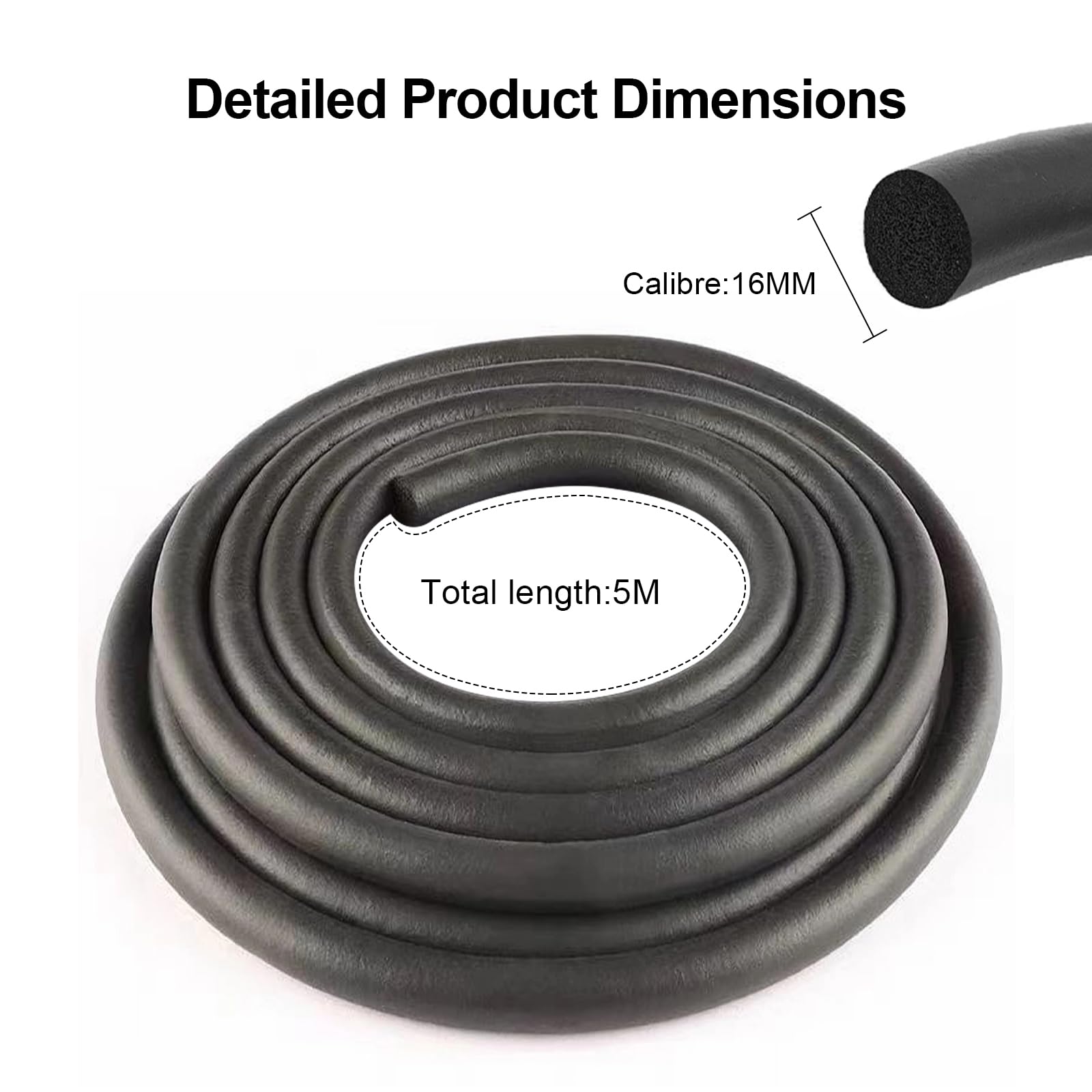 Cordon d'étanchéité rond en mousse EPDM - 5 m de diamètre - Diamètre : 16 mm - Pour fenêtres, murs et plafonds
