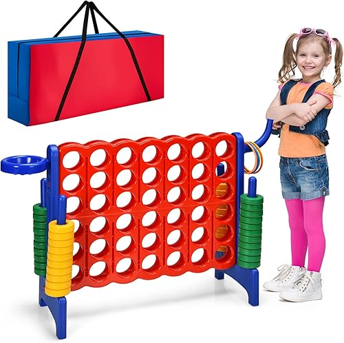 Costzon Juego gigante gigante 4 en una fila, Jumbo de 4 en fila con bolsa de transporte, aro de baloncesto, 42 anillos jumbo, deslizador de