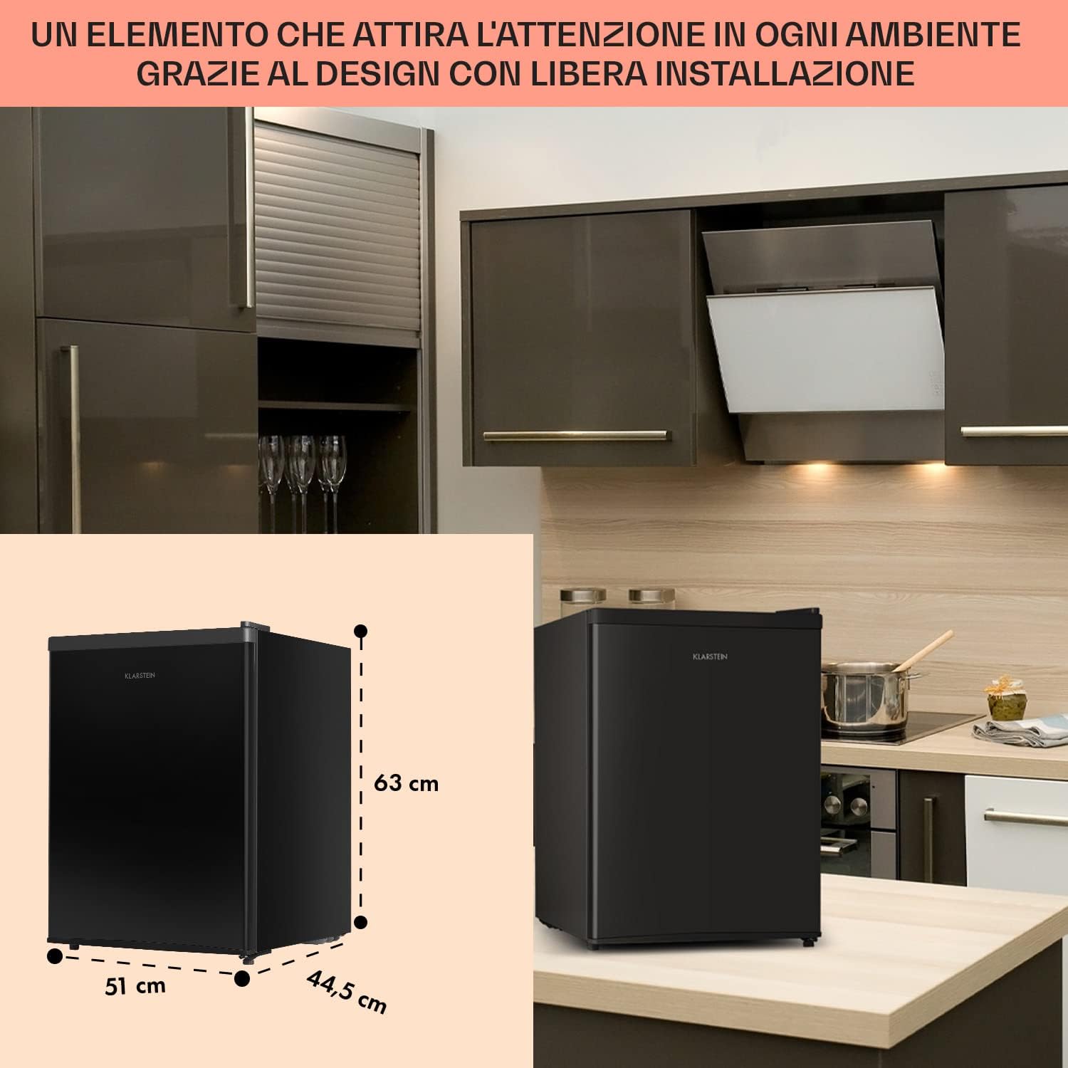 KLARSTEIN Mini Frigo, Frigo Portatile, Frigorifero Piccolo da Ufficio, Mini Frigo da Camera con Vassoio Raccogligocce e Sbrinatore Manuale, Frigorifero da Campeggio, Mini Frigo Bar, 0-10°C, 65L [Classe di efficienza energetica F]