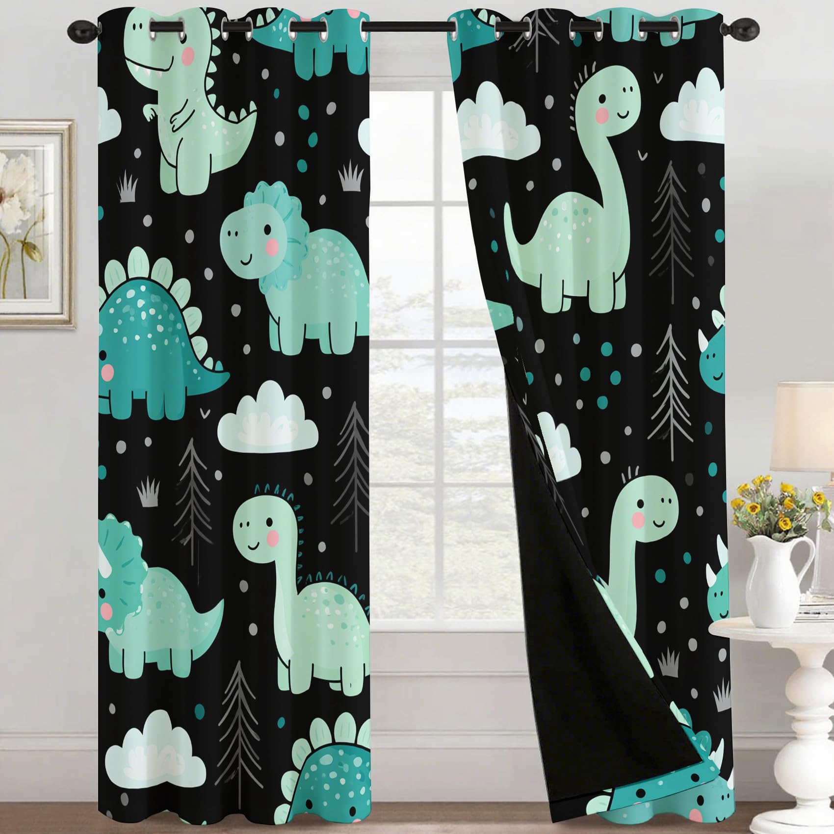 Générique Rideaux Motif Dessin Animé Dinosaures 140x160 cm (LxH), Lot de 2