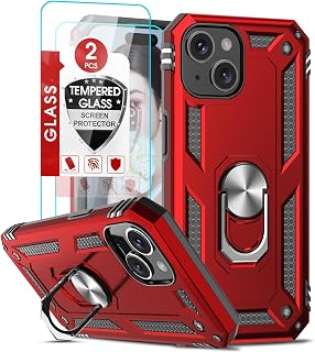 LeYi Compatible for iPhone 15 Plus Phone Case: Phone Case with [2 Pack] Tempered Glass Screen Protector, Military-Grade Case with Kickstand Ring for iPhone 15 Plus 6.7 inch, Red