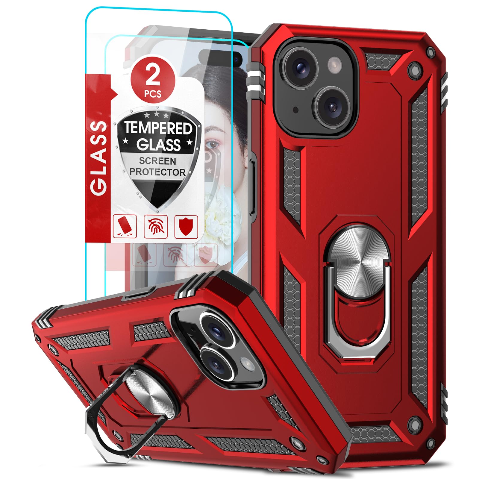 LeYi Compatible for iPhone 15 Plus Phone Case: Phone Case with [2 Pack] Tempered Glass Screen Protector, Military-Grade Case with Kickstand Ring for