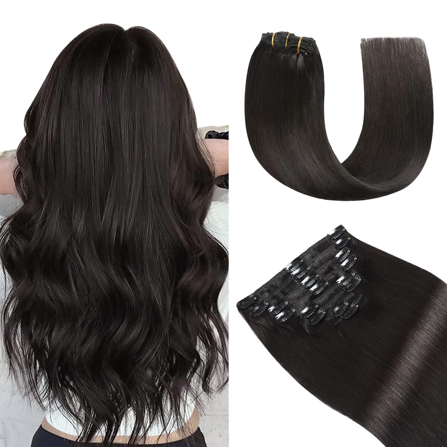 YILITE Human Hair Extensions Clip in 22 Inch Clip in Extensions Real Human Hair Natural Remy Silky Straight Double Weft for Full Head Invisible #1B Off Black 8pcs 120g
