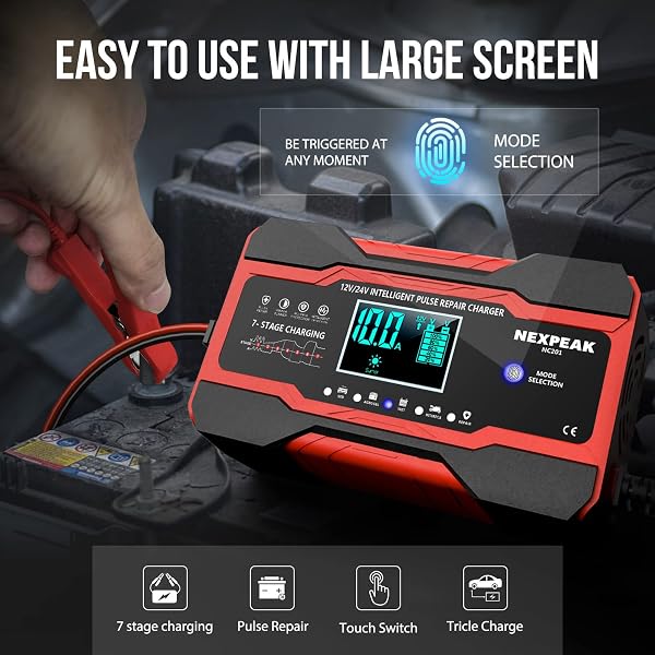 10-Amp Car Battery Charger, 12V and 24V Smart Fully Automatic Battery Charger with Temperature Compensation for Car Truck Motorcycle Marine Lead Acid Batteries - 3