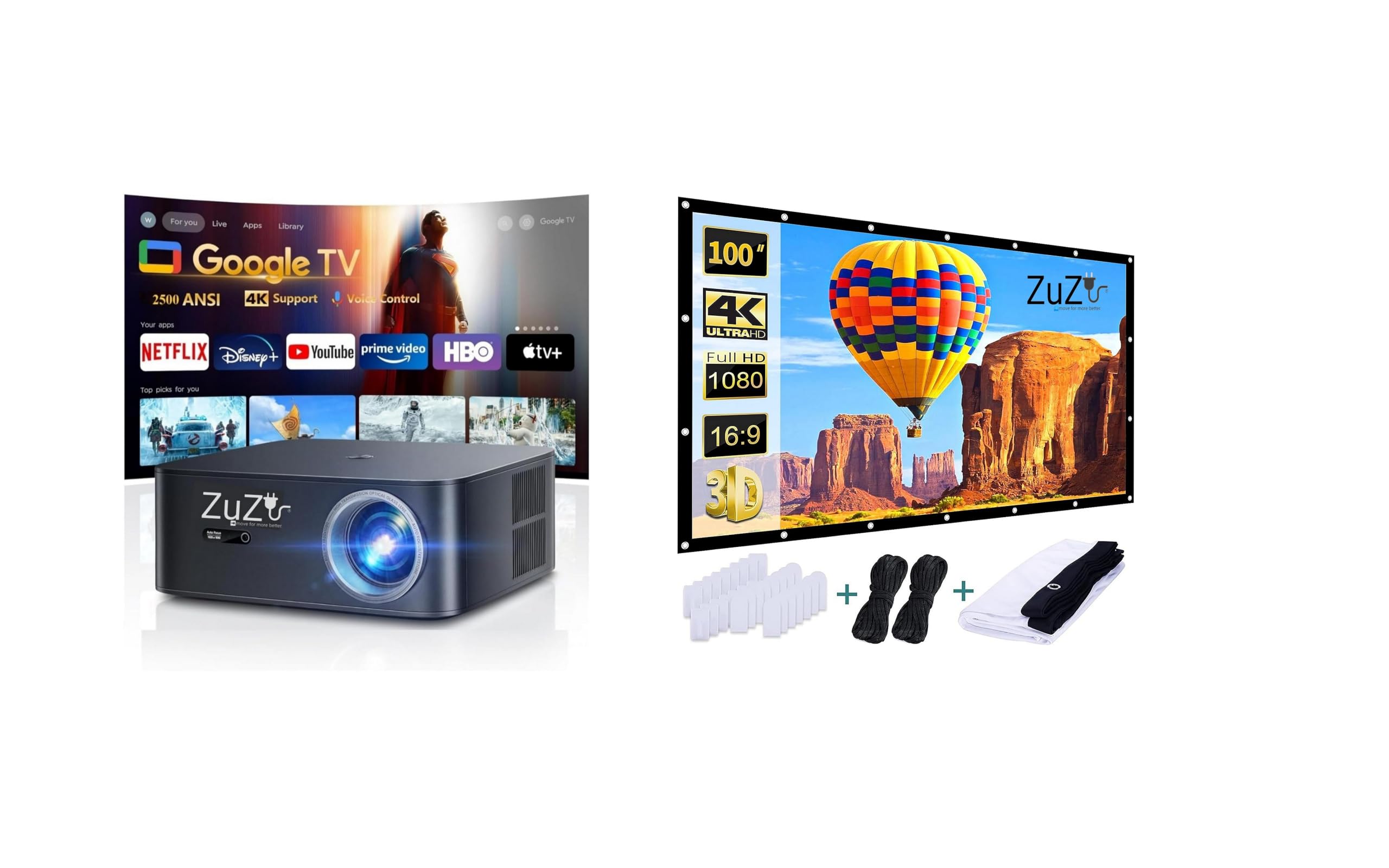 zuzu new march 2026 updated smart 4k 3d 2500 ansi, voice control, android wifi bt with hdmi-arc usb certified google tv projector with 8ft.x 10ft. hd,3d & 4k technology projector screen