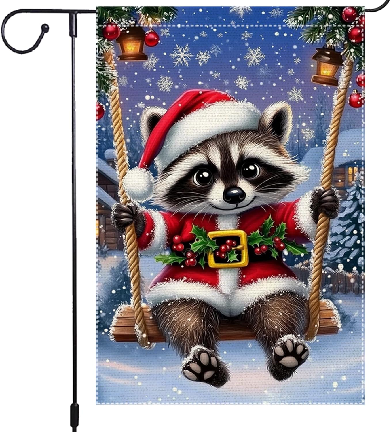 Christmas Raccoon Garden Flag 12x18 Double-Sided Burlap with Santa Hat and Snowy Winter Scene Perfect for Holiday Decorations