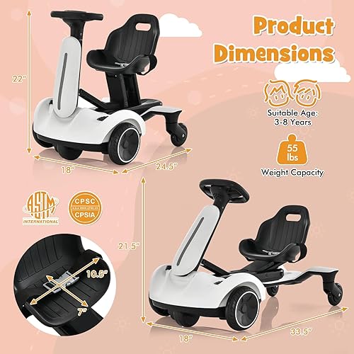 Miniatura 8 de HONEY JOY Vehículo eléctrico de 6 V con ruedas universales giratorias de 360, asiento ajustable de 2 posiciones, bocina, función de avance, juguete