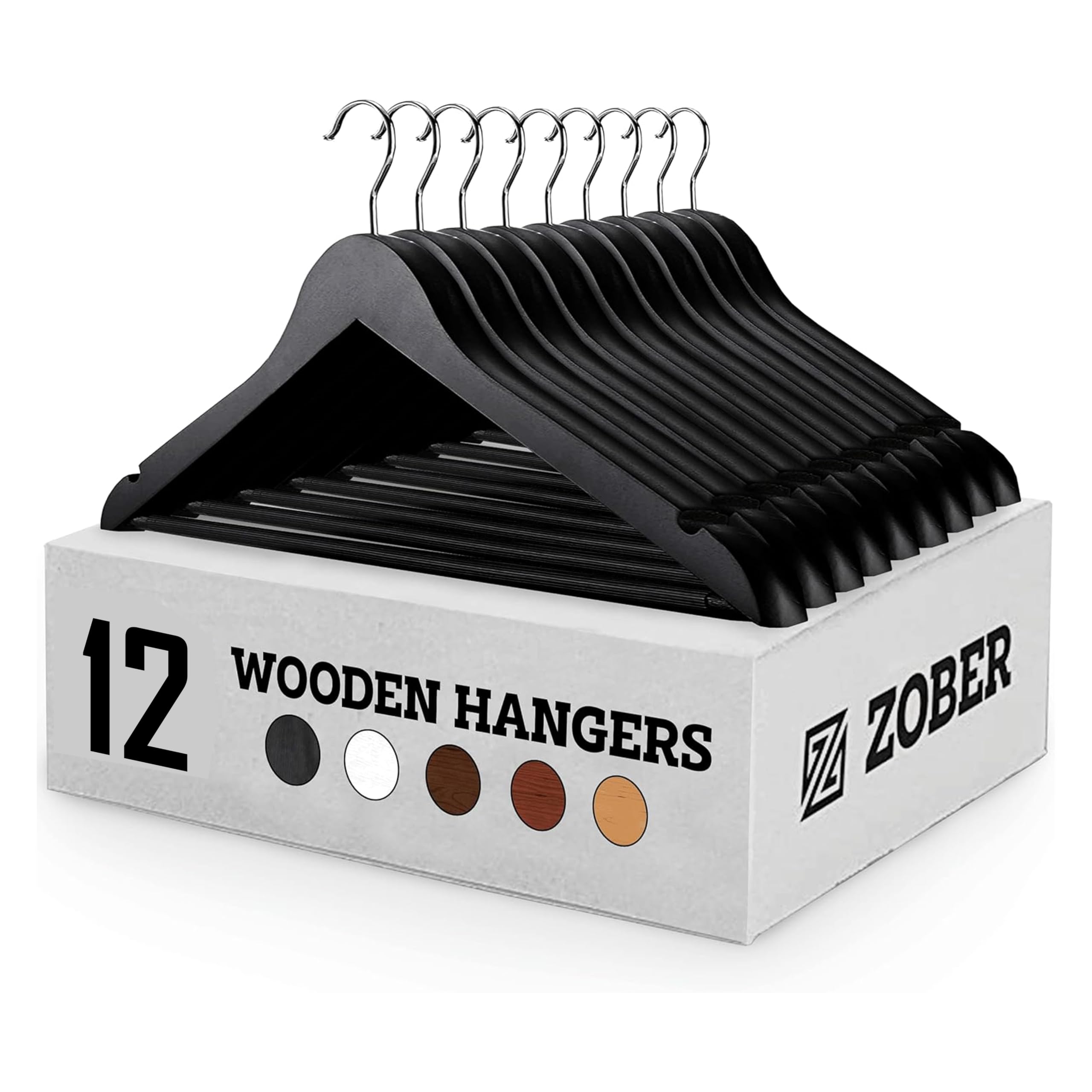 – ZOBER Wooden Suit Hangers with Non-Slip Pants Bar (12-Pack) ? Smooth Finish, Solid Wood Coat Hangers with 360 Swivel Hook & Precision-Cut Notches for Camisoles, Pants, Jackets(Black)