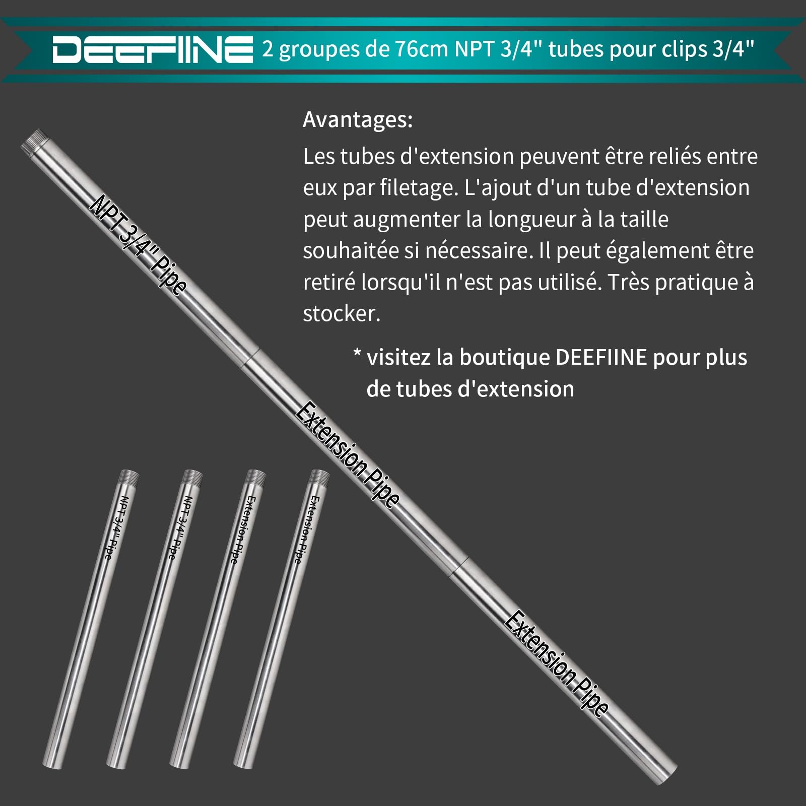 2 pièces 76cm 3/4 pouces mâle carte manchon Casting tube de tuyauterie en acier inoxydable avec tuyau d'extension de 76cm