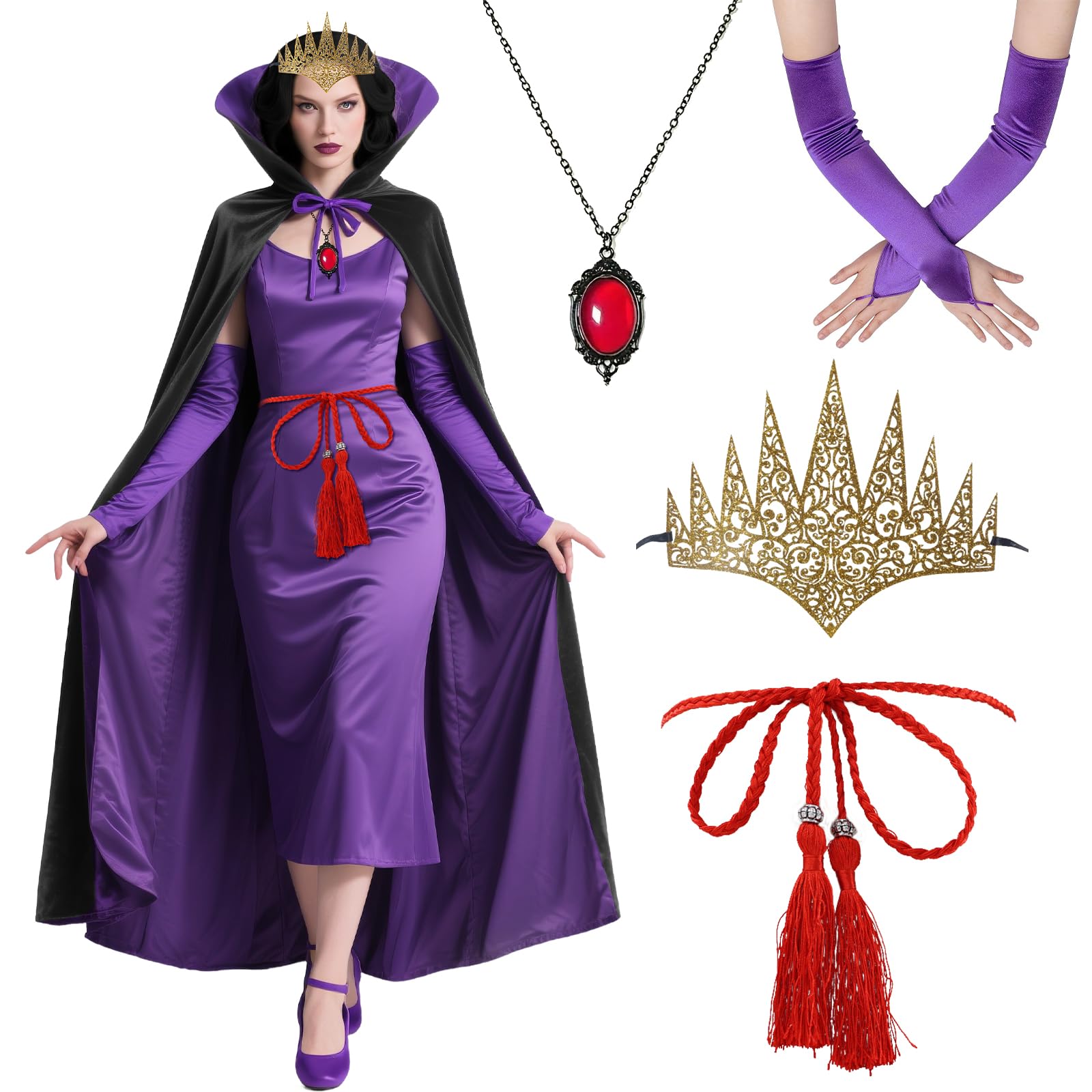 shengo Halloween Adult Vampire Cape Evil Queen Costume Purple Cloak Perfect Carnival Cosplay Includes Crown Necklace Belt Gloves Accessories Set