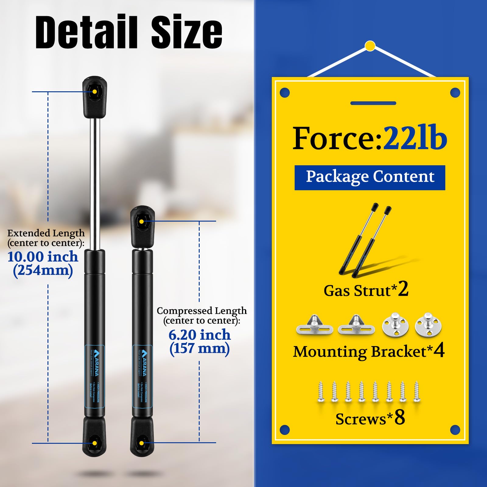 ARANA - Vérins à Gaz 19 Cm (longueur étendue), Force 9 Kg/pièce - Lot De 2 Avec Supports Et Vis - Pour Portes D'armoire, Coffres, Couvercles Légers