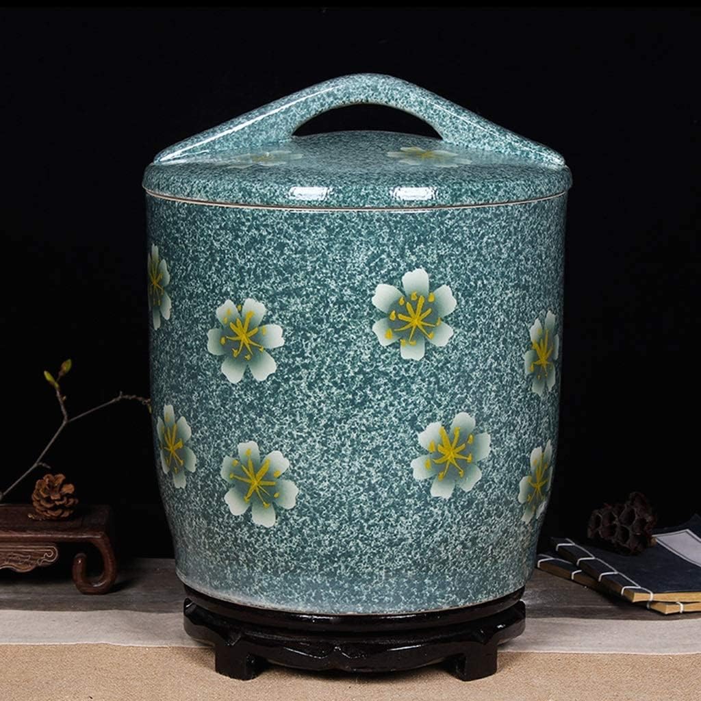 Food Storage Containe Rice Storage Containe Kitchen Creative Flour Jar Ceramic Large-Capacity Grain Dispenser Color Glaze Multigrain Storage Tank (Color : Blue Green Size : 5KG)